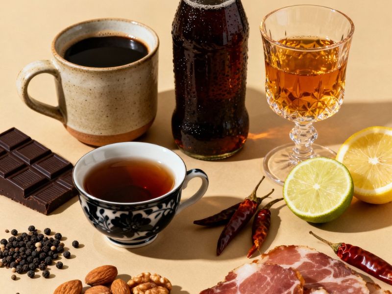 kafa, čaj, orašasti ploodovi, mesna preradjevina, sokovi, biber, slatkiši na slici