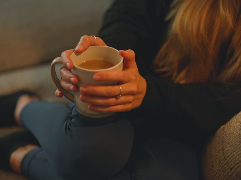 devojka sedi na ugaonoj u udobnoj odeći i pije čaj iz šolje