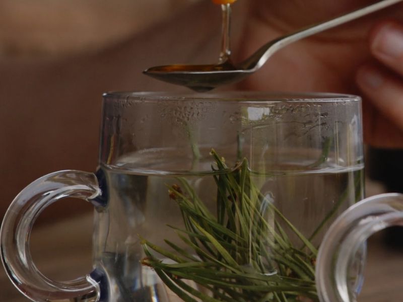 prikaz osobe koja sipa kašičicu meda u šolju čaja od ruzmarina