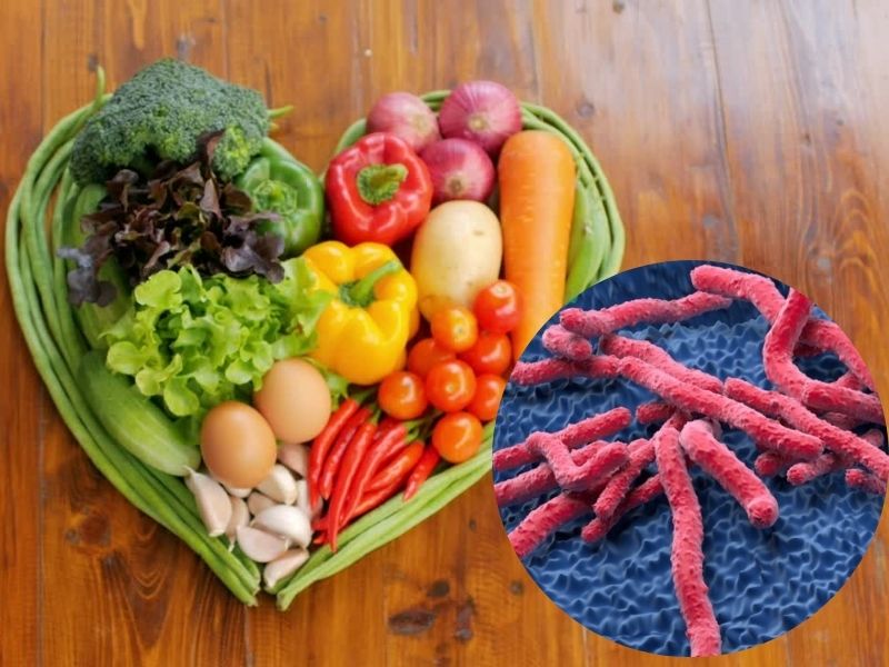 sveže povrće u obliku poređano i heliko bakterija pored u kružiću