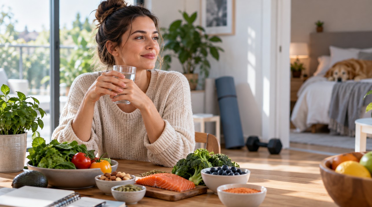 Žena uz raznovrsne namirnice bogate proteinima, mineralima i drugim nutrijentima važnim za imunitet