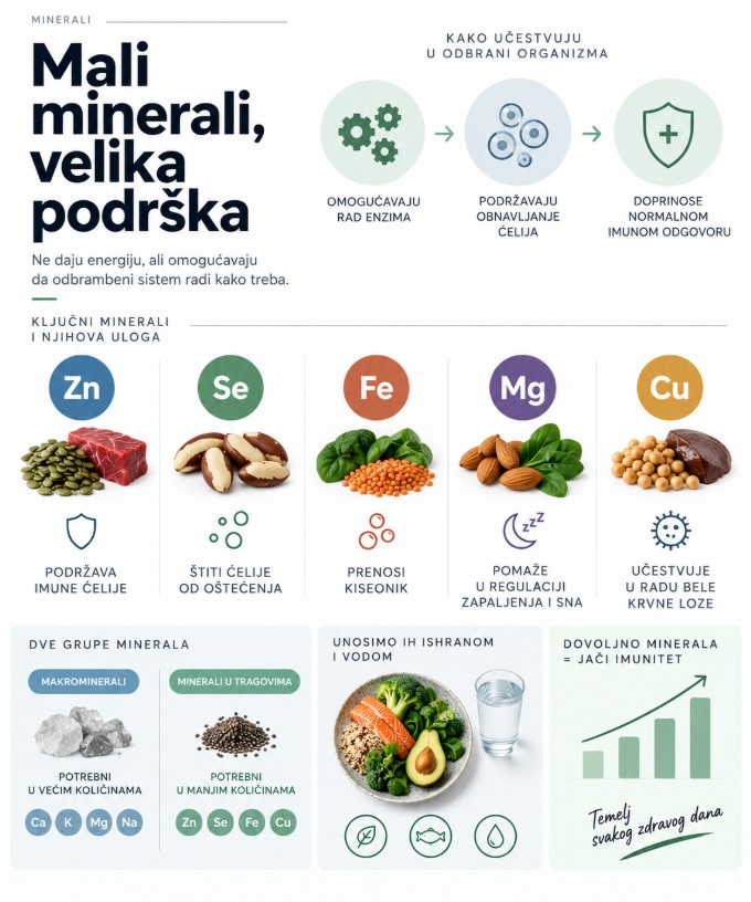 Infografik o ulozi cinka, selena, gvožđa, magnezijuma i bakra u normalnom funkcionisanju imunog sistema